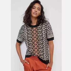 Maeve | Elinore Short Sleeve Animal Print Wool Blend Sweater | XS